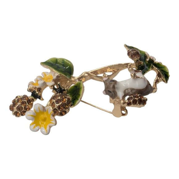 Flowers Mouse Orange Rhinestone Enamel Brooch Pin Yellow Green Vintage Mice - Picture 2 of 7